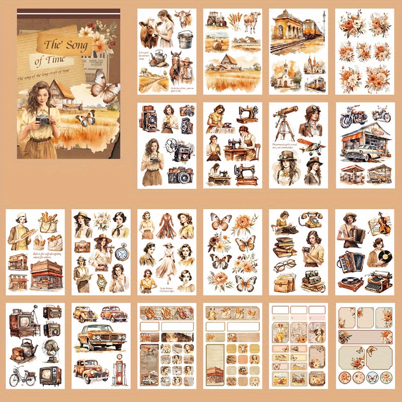 Vintage Travel Character Stickers 20 Sheets Retro Artistic Journal Decor - 11