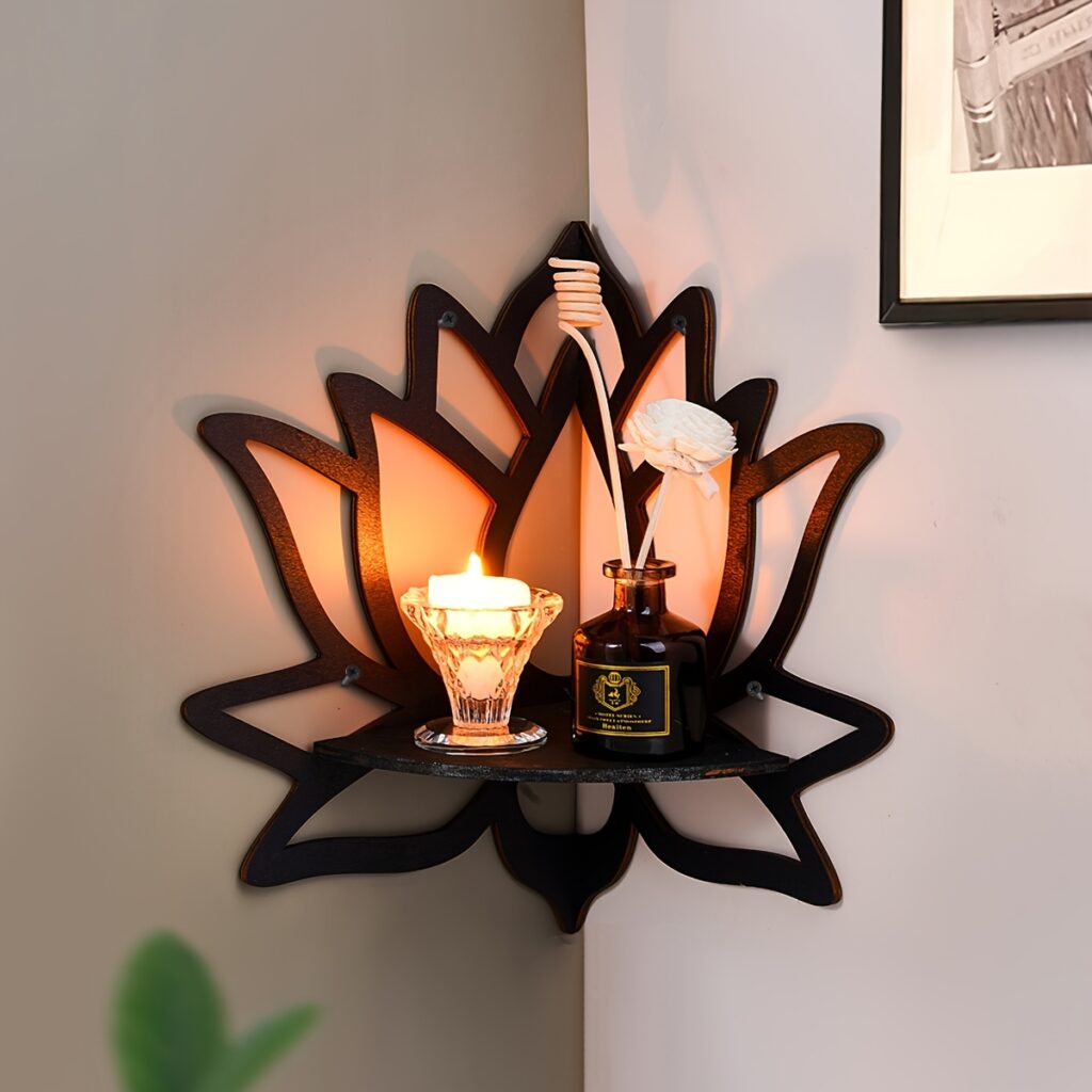 Lotus Shape Floating Wooden Shelf Crystal Plant Candle Display Rack ...