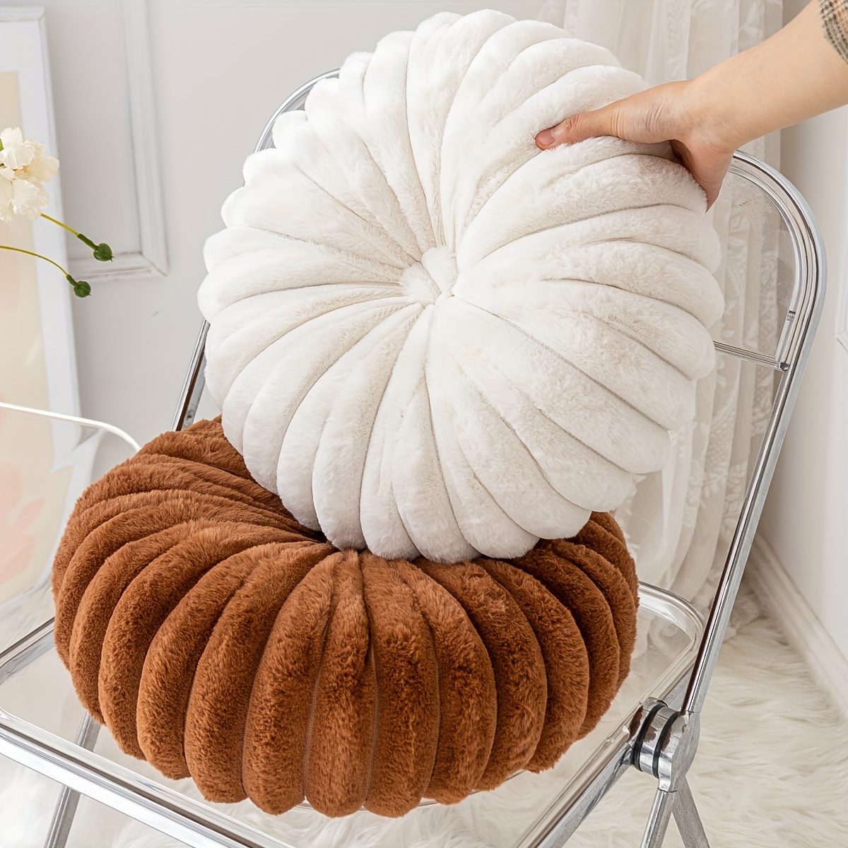 Round Plush Pumpkin Cushion 3d Solid Color Throw Pillow For Home Decor - 2